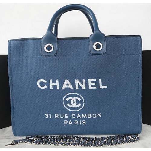 Bolso de compras grande de lona Chanel A67002 Azul