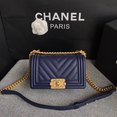 Chanel Le Boy Flap Bolso de hombro Original Piel de becerro A67085 azul oscuro Hebilla dorada