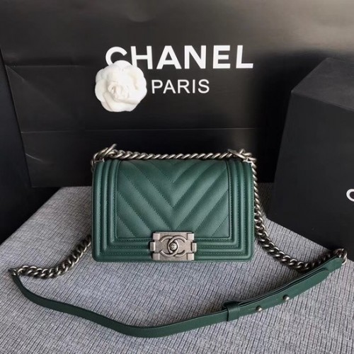 Chanel Le Boy Flap Shoulder Bag Original Caviar Leather P67085 Blackish green silver Hebilla
