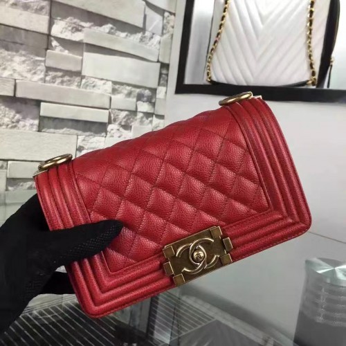 Chanel Le Boy Flap Shoulder Bag Original Cavier Leather A67085 Hebilla de oro rojo