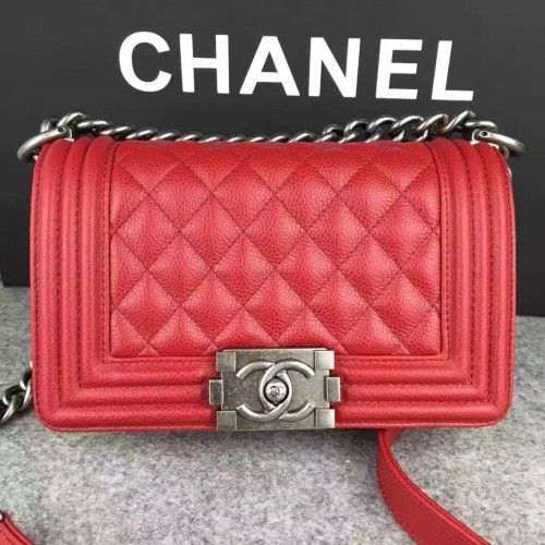 Chanel Le Boy Flap Shoulder Bag Original Cavier Leather A67085 Hebilla de plata roja