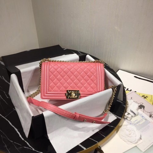 Chanel Le Boy Flap Bolso de Hombro Original Cuero Rosa A67086 Oro