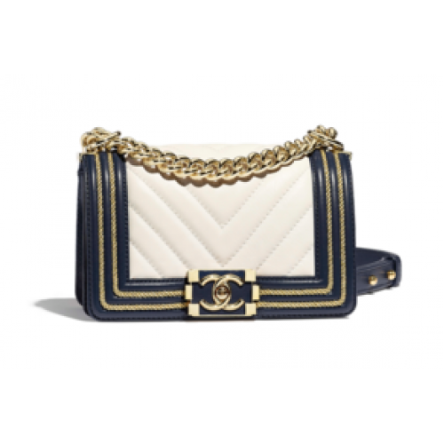 Bolso de hombro Chanel Leboy Original de piel de becerro F67085 metal dorado blanco