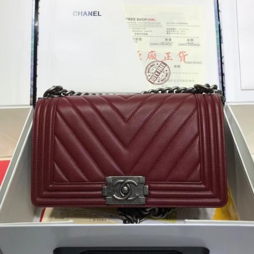 Chanel Leboy Original bolso de hombro de cuero de caviar V67086 Cadena de plata vino