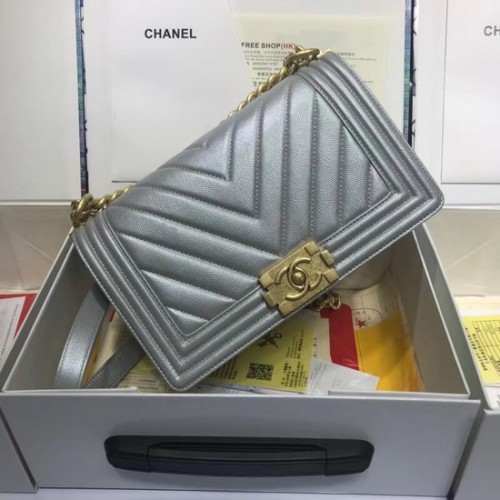 Chanel Leboy Original bolso de hombro de cuero de caviar V67086 cadena de oro plateado