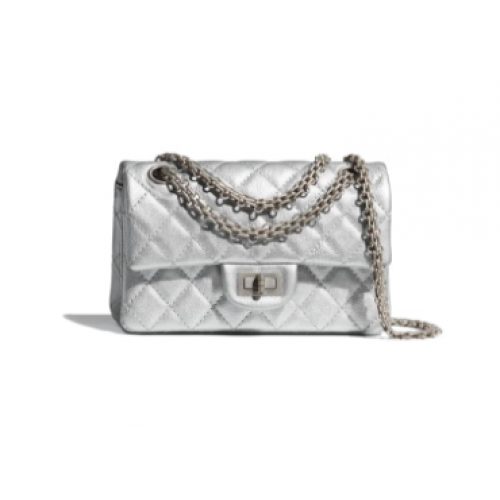 Chanel MINI 2.55 BOLSO DE MANO Piel de becerro graneada metalizada Metal blanco AS0874 Plata