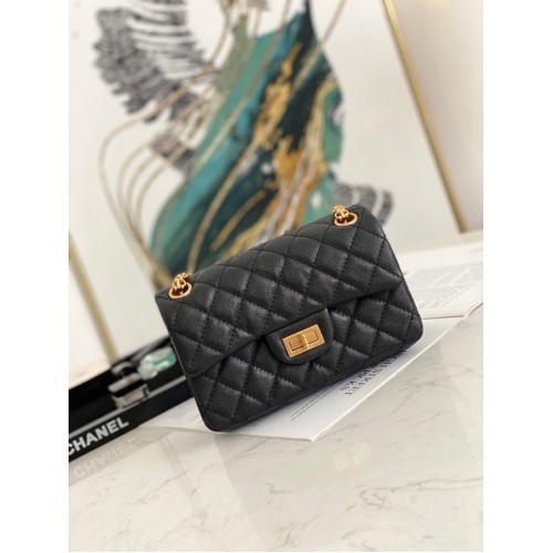 Chanel MINI 2.55 BOLSO DE MANO Piel de becerro graneada metalizada oro Metal AS0874 negro