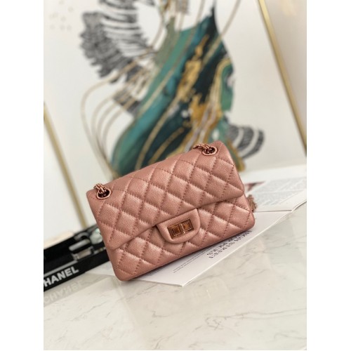 Chanel MINI 2.55 BOLSO DE MANO Piel de becerro graneada metalizada oro rosa Metal AS0874 rosa