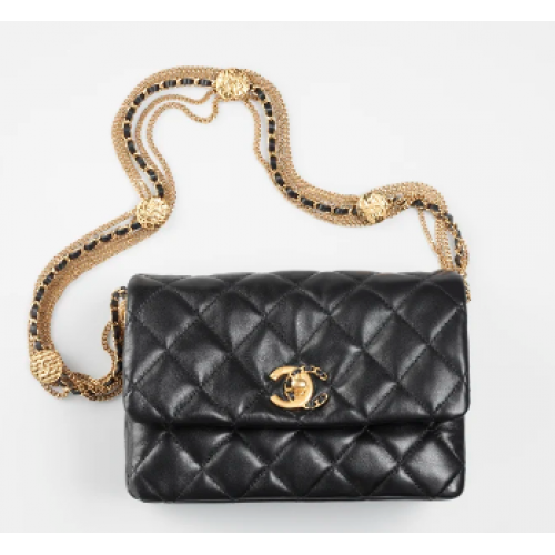 BOLSO MINI CON SOLAPA Chanel Piel de cordero Metal dorado AS3378 negro