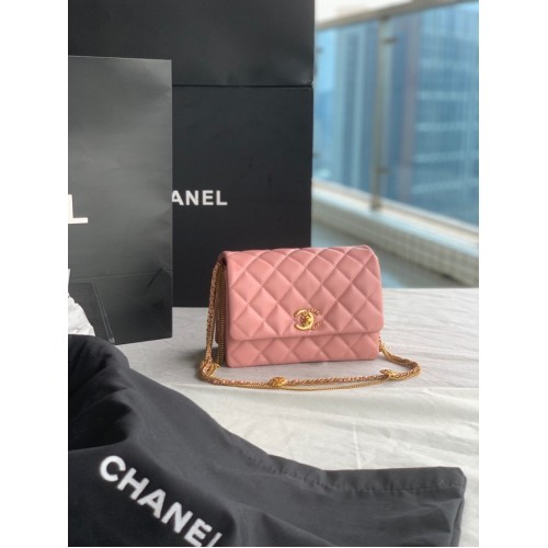 BOLSO MINI CON SOLAPA Chanel Piel de cordero Metal dorado AS3378 rosa