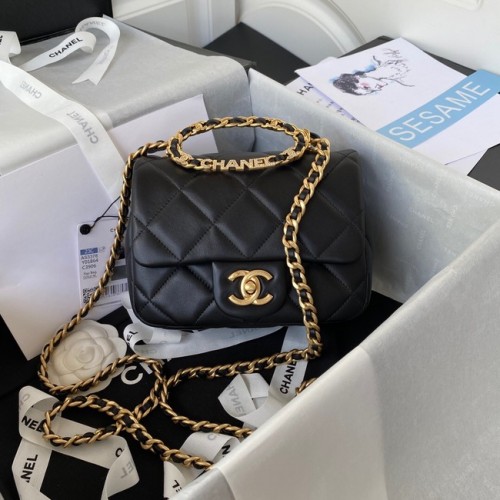 BOLSO MINI CON SOLAPA Chanel Piel de cordero metal dorado AS3450 negro