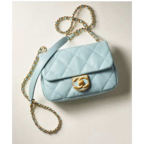 BOLSO MINI SOLAPA Chanel Piel de cordero Metal dorado AS3473 Azul claro