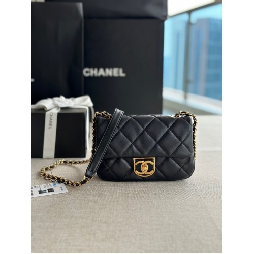 BOLSO MINI CON SOLAPA Chanel Piel de cordero Metal dorado AS3473 negro