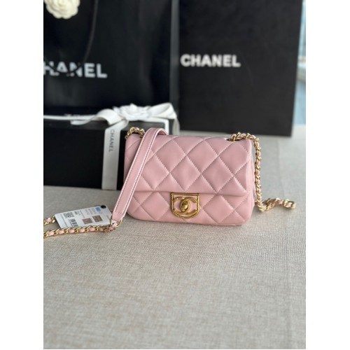 BOLSO MINI CON SOLAPA Chanel Piel de cordero Metal dorado AS3473 rosa