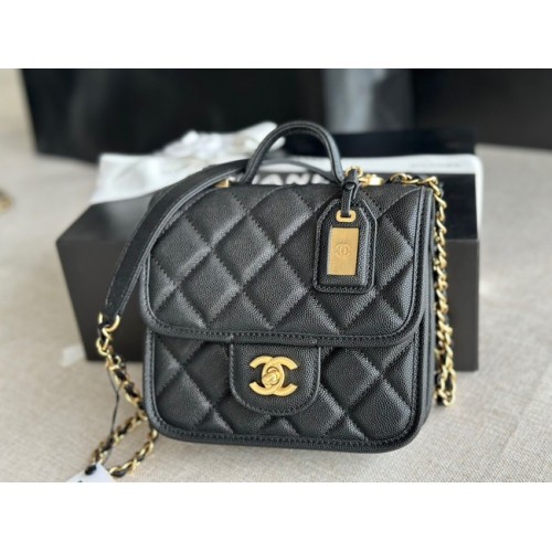 Chanel BOLSO MINI SOLAPA CON ASA SUPERIOR Piel de becerro granulada AS3652 negro