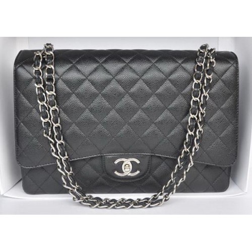 Chanel Maxi Classic Bag A36098 Negro Patrón Cannage Plata