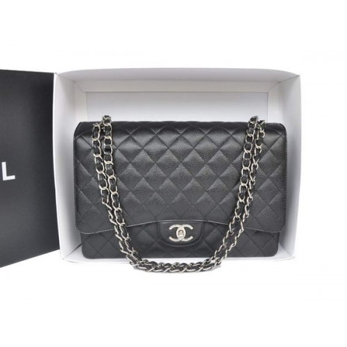 Venta caliente Chanel Maxi Classic Bag A36098 Negro Original Caviar Leather Silver