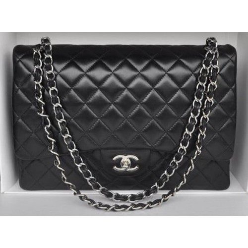 Chanel Maxi Classic Bag A36098 Piel de oveja negra Plata
