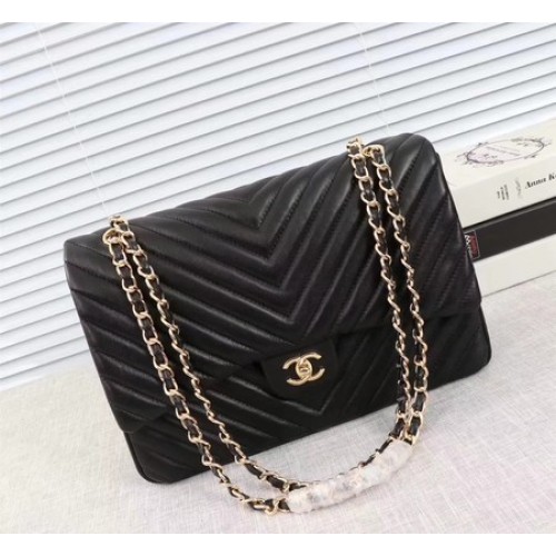 Chanel Maxi Classic Flap Bag Black Chevron Sheepskin Leather A58601 Oro