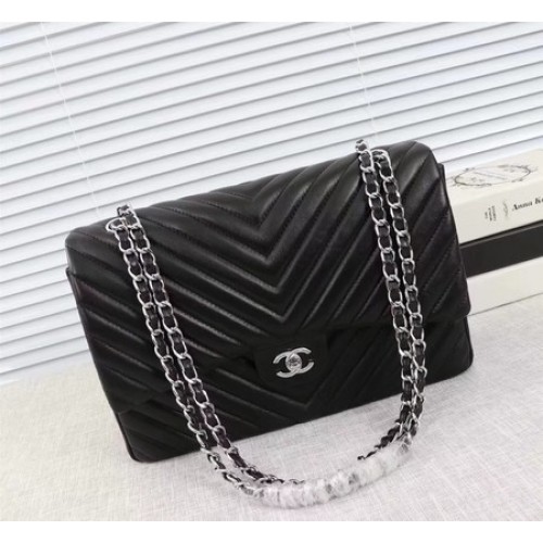 Chanel Maxi Classic Flap Bag Black Chevron Sheepskin Leather A58601 Plata