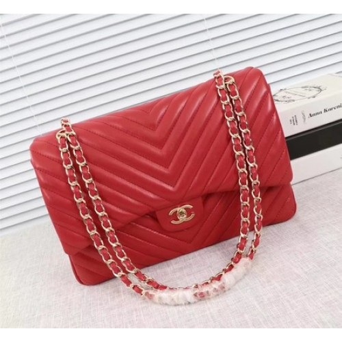 Chanel Maxi Classic Flap Bag Red Chevron Sheepskin Leather A58601 Gold