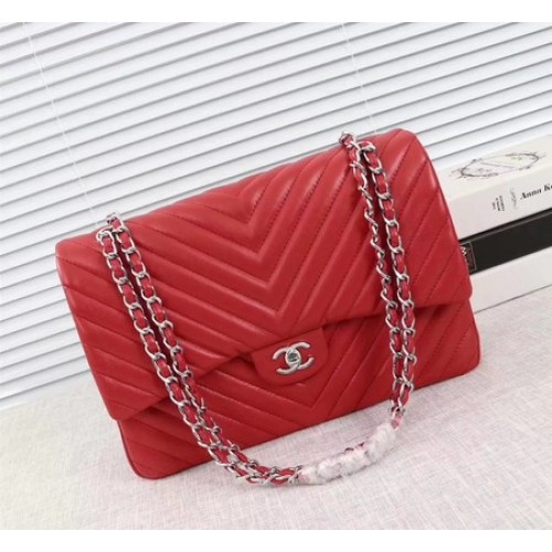 Chanel Maxi Classic Flap Bag Red Chevron Sheepskin Leather A58601 Plata