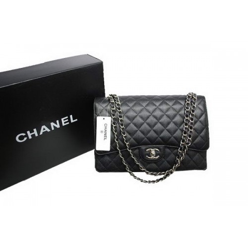 Bolso Chanel Maxi Double Flaps A36098 Negro Original Cuero Caviar Plata