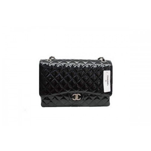 Bolso Chanel Maxi Double Flaps A36098 Negro Original Charol Plata