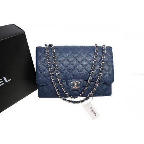 Bolso Chanel Maxi Double Flaps A36098 Azul Original Cuero Caviar Plata