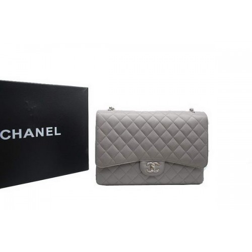 Bolso Chanel Maxi Doble Solapa A36098 Gris Original Cuero Caviar Plata