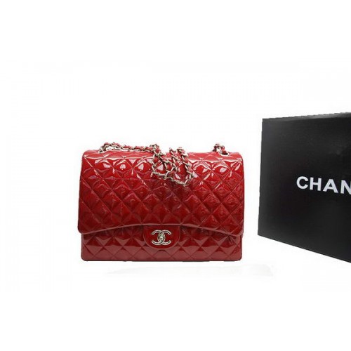 Bolso Chanel Maxi Double Flaps A36098 Rojo Original Charol Plata