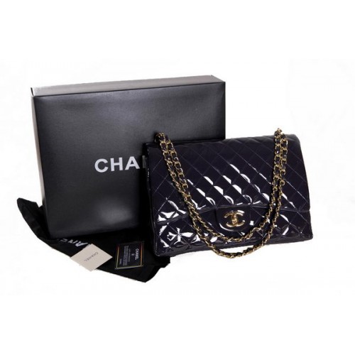 Bolso Chanel Maxi Doble Solapa Morado Oscuro Charol Original A36098 Oro