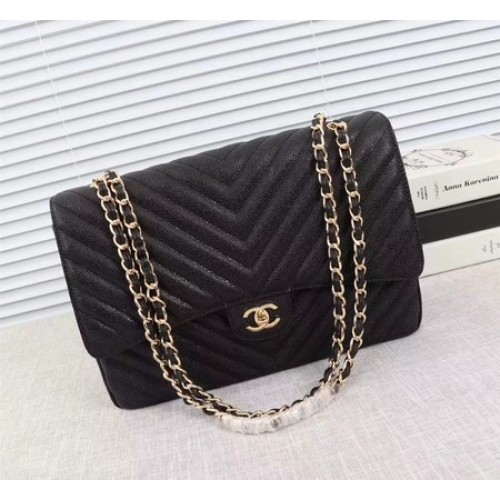 Chanel Maxi Quilted Classic Flap Bag Black Chevron Cannage Pattern A58601 Gold