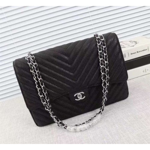 Chanel Maxi Quilted Classic Flap Bag Black Chevron Cannage Pattern A58601 Plata
