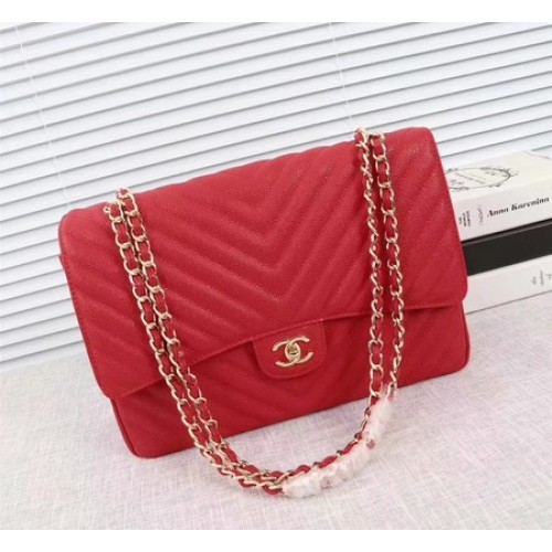 Chanel Maxi Quilted Classic Flap Bag Red Chevron Cannage Pattern A58601 Oro