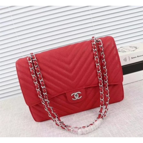 Chanel Maxi Quilted Classic Flap Bag Red Chevron Cannage Pattern A58601 Plata