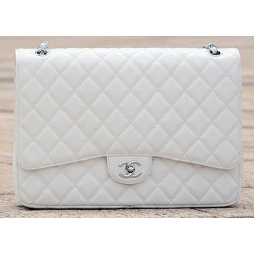 Chanel Maxi Quilted Classic Flap Bag Blanco Patrón Cannage A58601 Plata