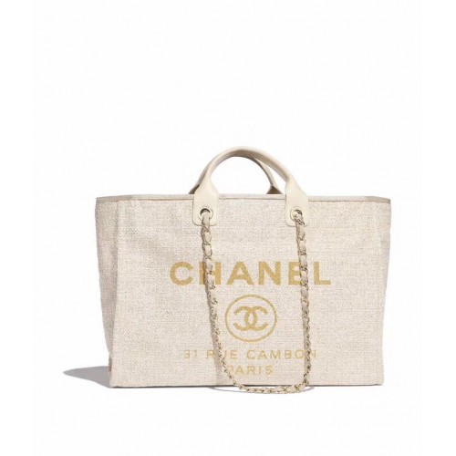 Chanel Original Canvas Leather Tote Shopping Bag 92298 Blanquecino