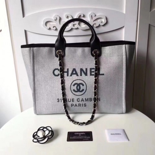 Chanel Original Canvas Leather Tote Shopping Bag 92298 gris