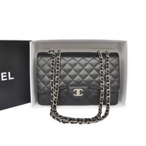 Moda Chanel Original Caviar Leather Classic Flap Bag A28600 Negro Plata