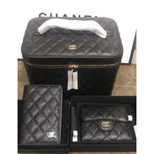 Chanel Original Lather Cosmetic Bag and Wallets Set 5961 negro