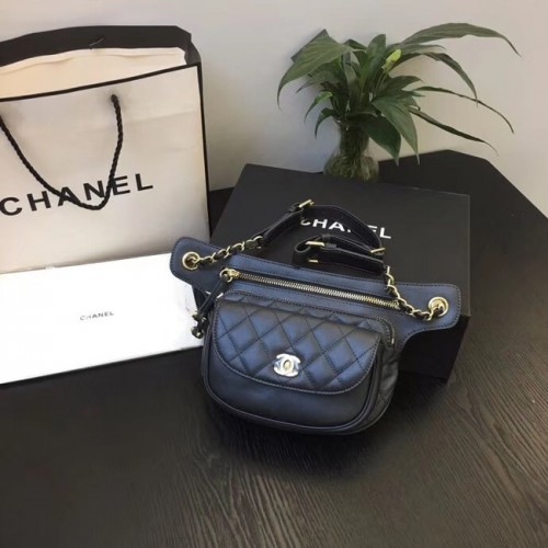 Riñonera de cuero original Chanel Negro SA0814 Oro