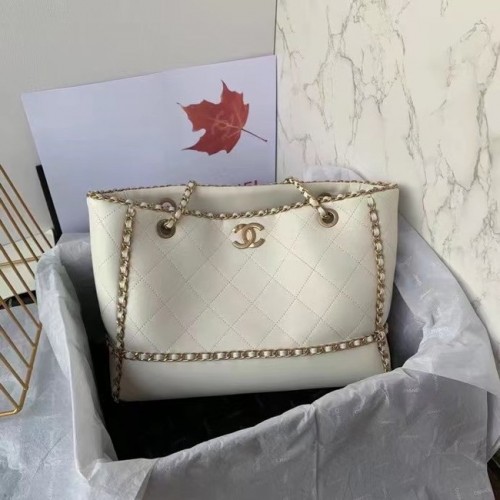 Bolso de compras de cuero original de Chanel AS8018 blanco