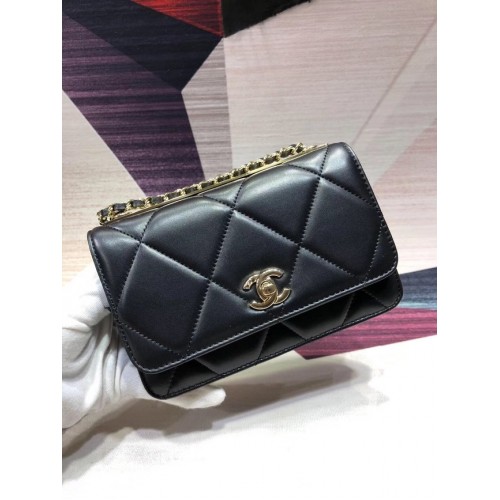 Bolso De Hombro De Cuero Original Chanel Negro A80982 Oro
