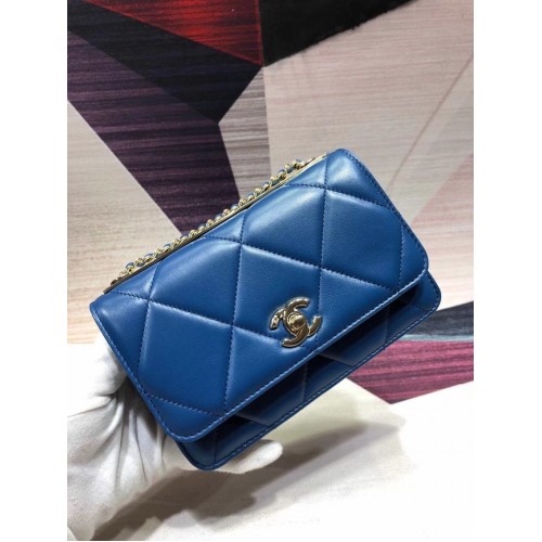 Bolso De Hombro De Cuero Original Chanel Azul A80982 Oro