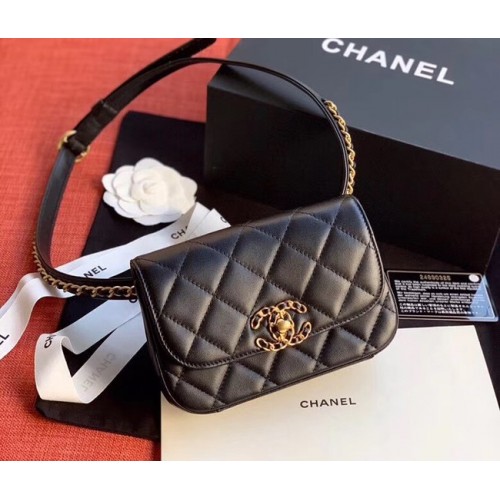 Chanel Original Piel De Oveja Cinturón Bolso Negro 33866 Oro