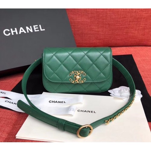 Bolso de cinturón de cuero de piel de oveja original de Chanel Verde 33866 Oro