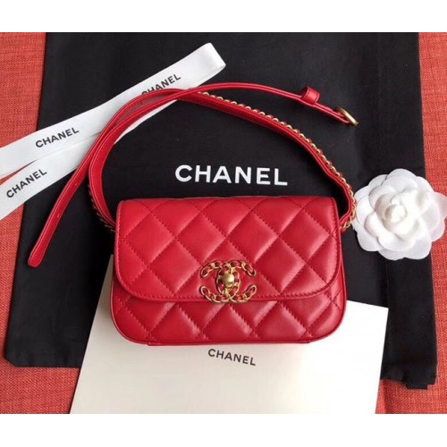 Bolso de cinturón de cuero de piel de oveja original de Chanel rojo 33866 oro