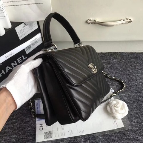 Bolso tote de cuero de piel de oveja original de Chanel V92236 hebilla de plata negra