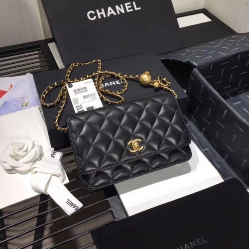 Chanel Original Pequeño bolso clásico con solapa de piel de oveja AS33814 negro